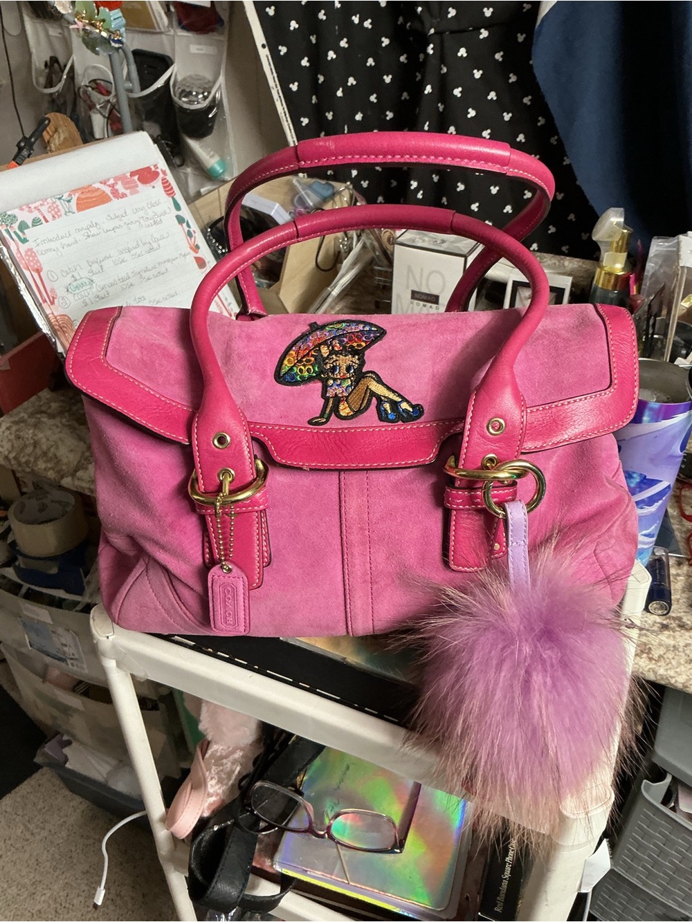 RARE Coach Pink SoHo Satchel with Pom Charm and Embroidered Motif